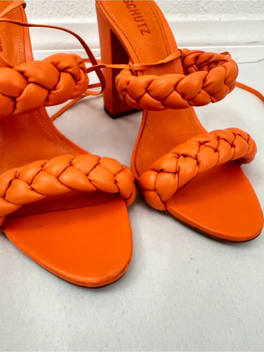 Schutz Zaria Orange High Block Heel Sandals Braided Ankle Straps Women's 9.5B